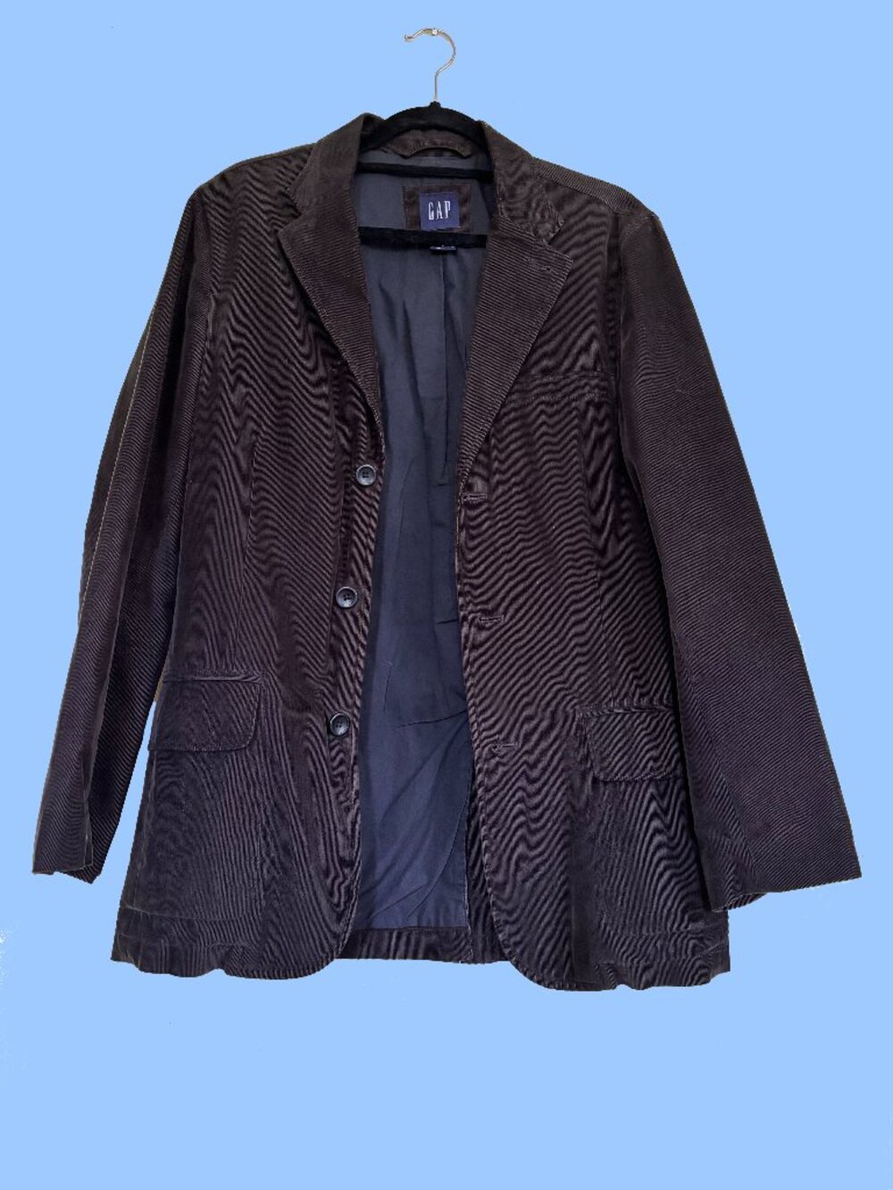Gap Corduroy Sports Jacket Black w/ Blue Lining Thin Rail Cord. Size Small